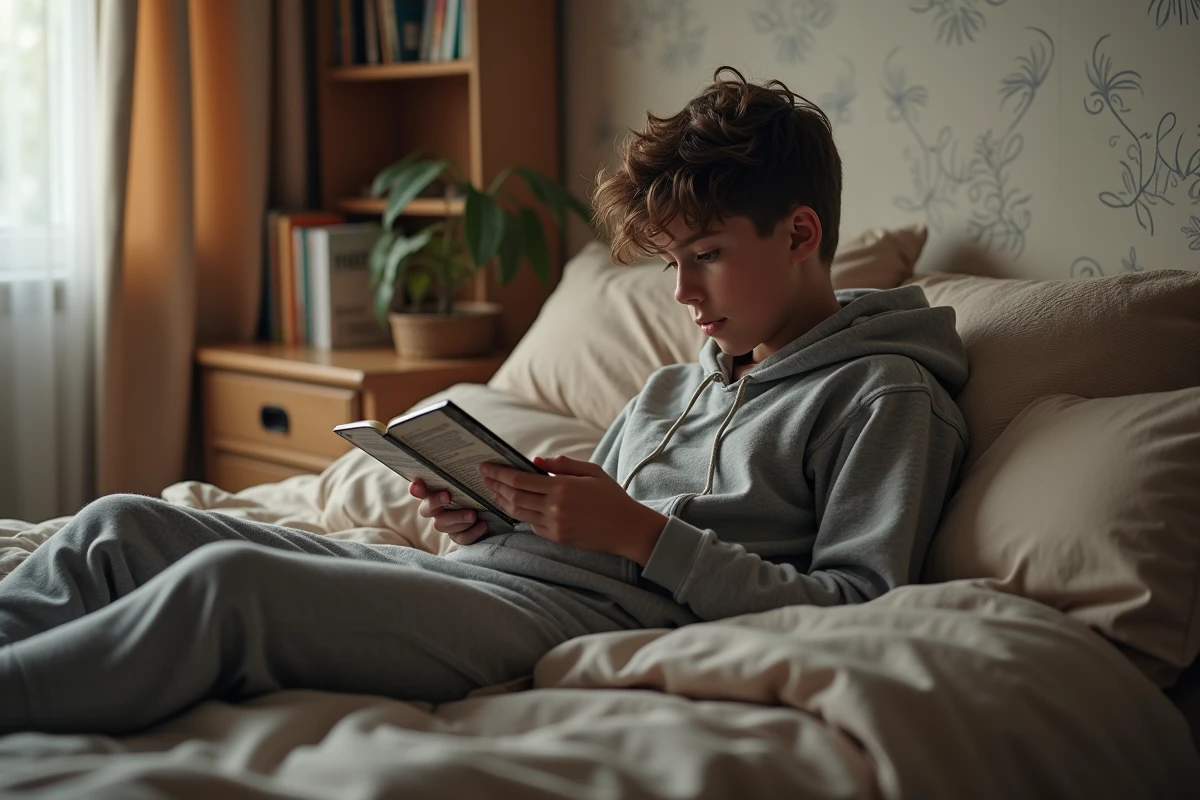 Adolescent lisant manga dans sa chambre