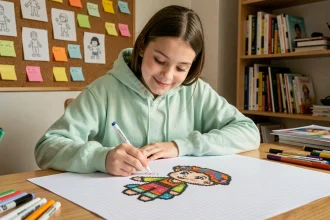 Adolescente dessinant un personnage pixel art sur papier quadrillé avec des feutres colorés dans une chambre créative