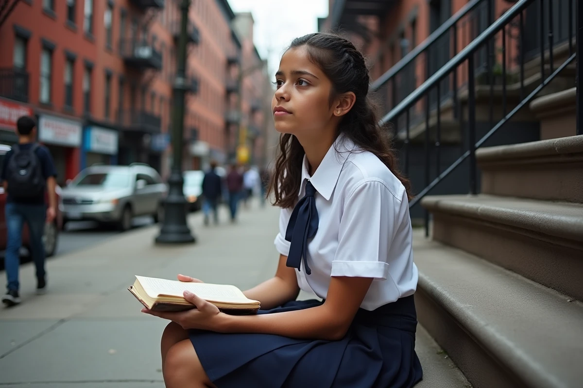 Adolescente latino-américaine en uniforme scolaire assise sur les marches d'un immeuble du Bronx avec un carnet, regardant au loin