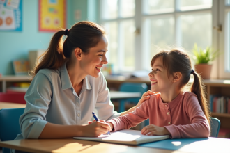 Assistante scolaire aidant un élève en difficulté dans une classe