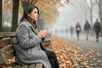 Femme seule et mélancolique assise sur un banc dans un parc automnal, tenant un café, symbolisant la douleur d'un amour impossible avec une âme sœur