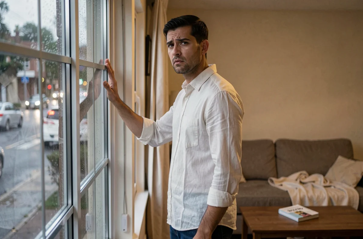Homme seul regardant par une fenêtre pluvieuse depuis un appartement, exprimant la douleur intérieure et le processus de reconstruction après un amour impossible