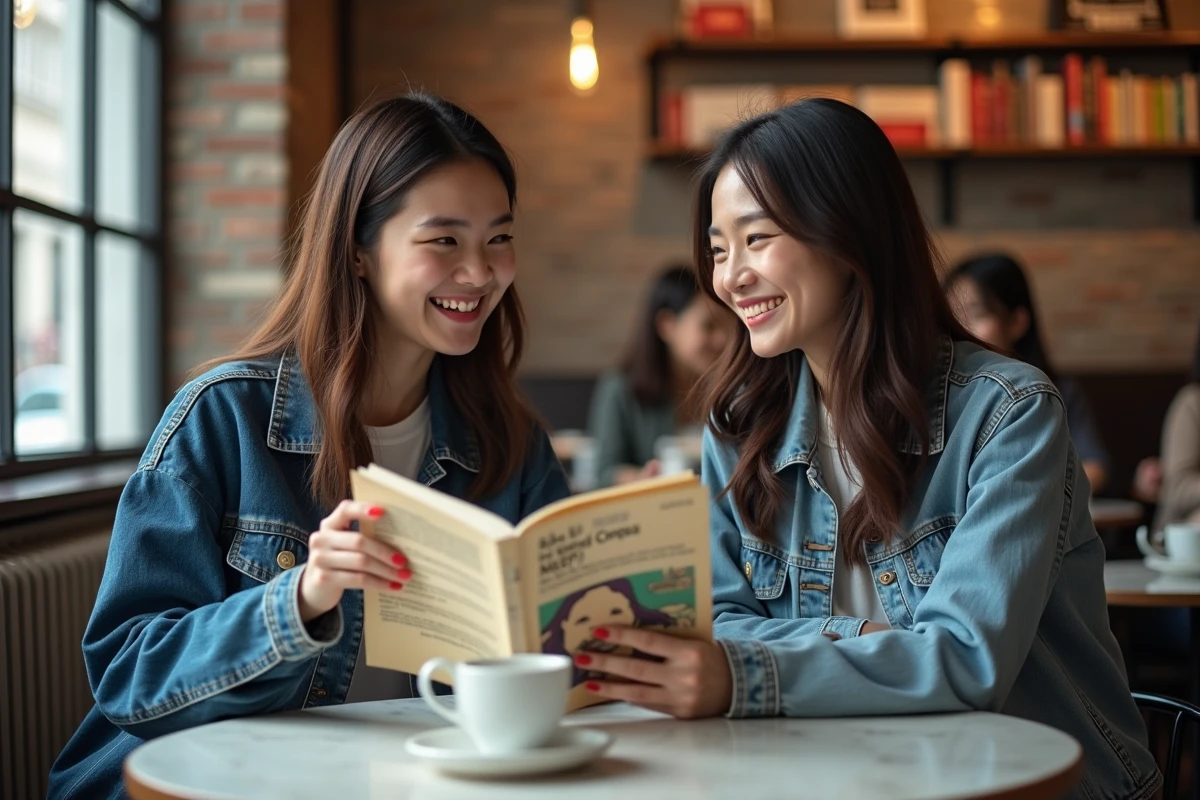Deux amies partageant un manhwa en VF dans un café, symbolisant la communauté de fans de Just Friends en France