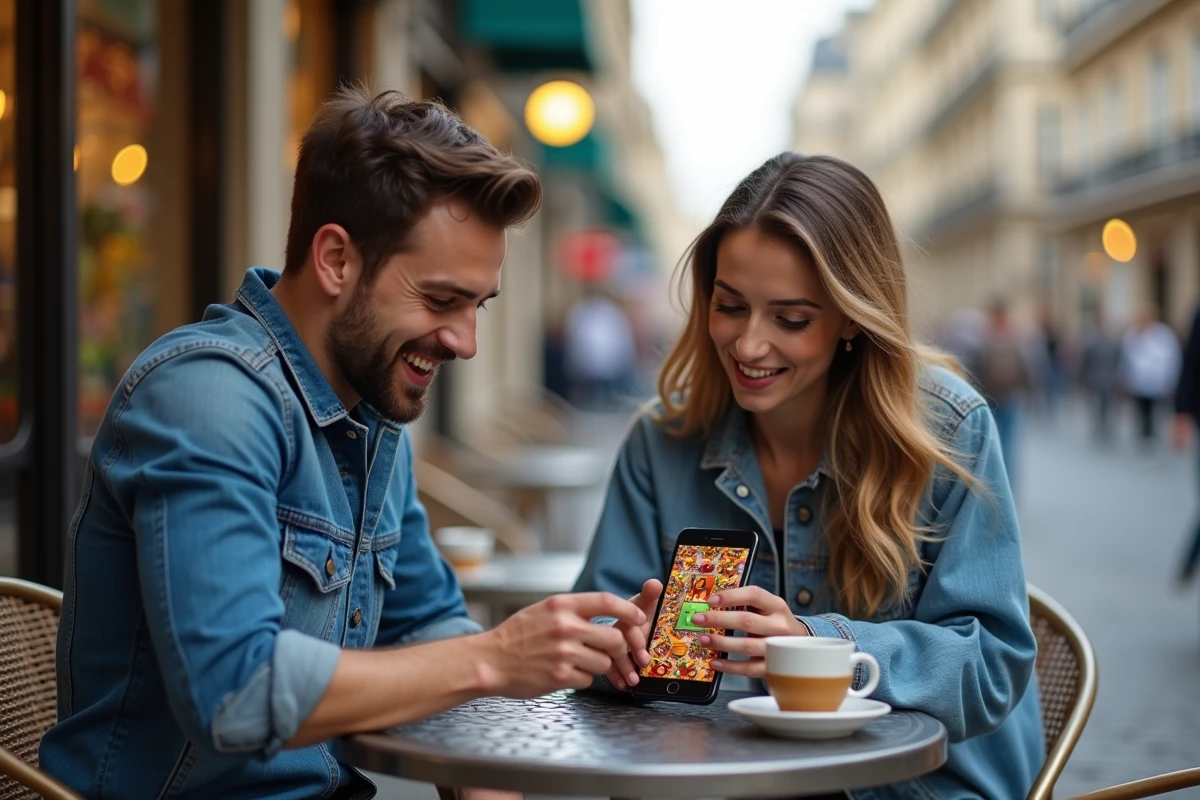 Deux amis dans un café parisien découvrant ensemble des récompenses gratuites sur l'application Monopoly GO