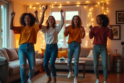 Groupe d'amis qui dansent dans un salon aménagé en dancefloor avec parquet en bois et guirlandes lumineuses