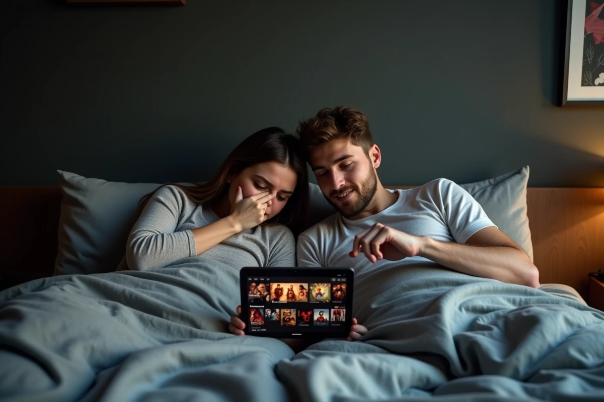 Deux amis choisissant un film d'horreur sur une application de streaming légale allongés sur un lit