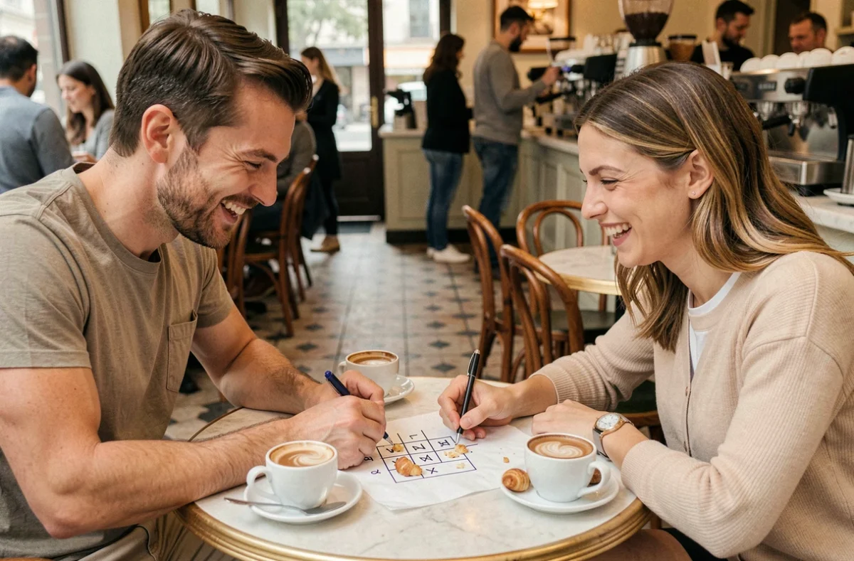 Deux amis jouant au pendu sur une serviette en papier dans un café parisien avec des mots difficiles