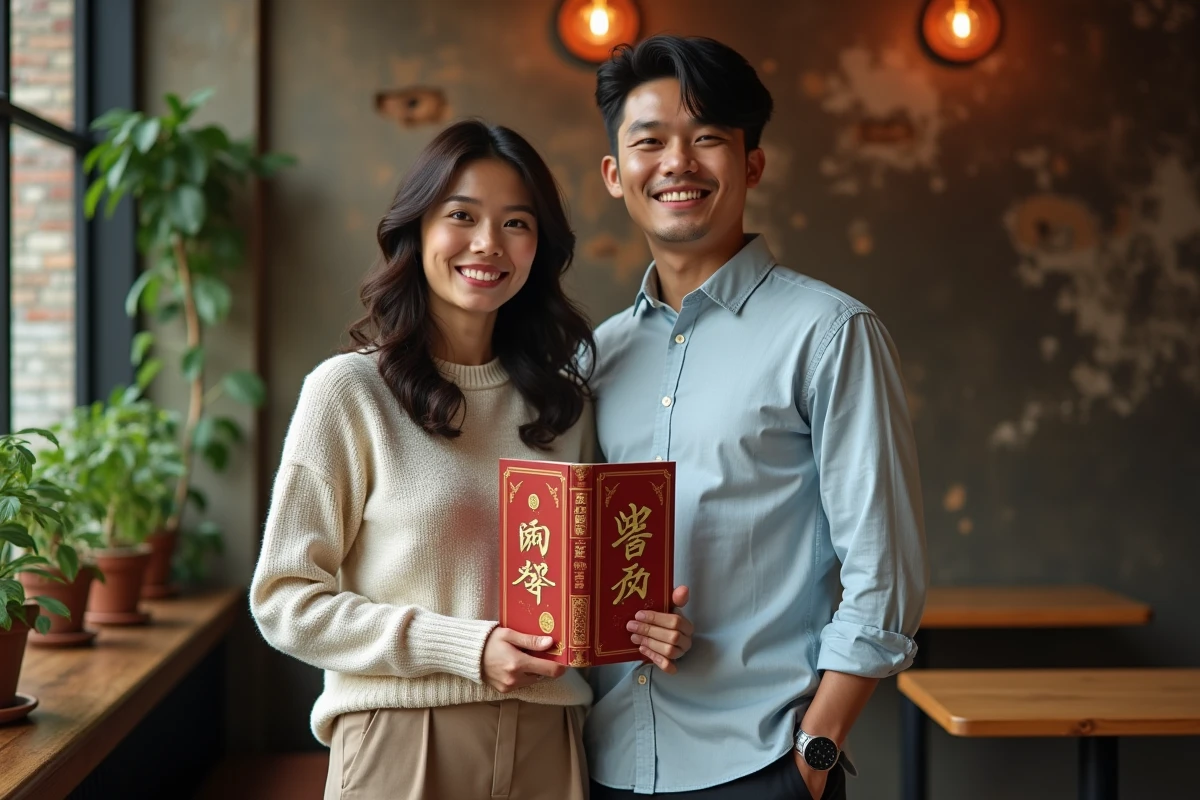 Deux amis tiennent un livre chinois du zodiaque dans un caf&eacute; chaleureux