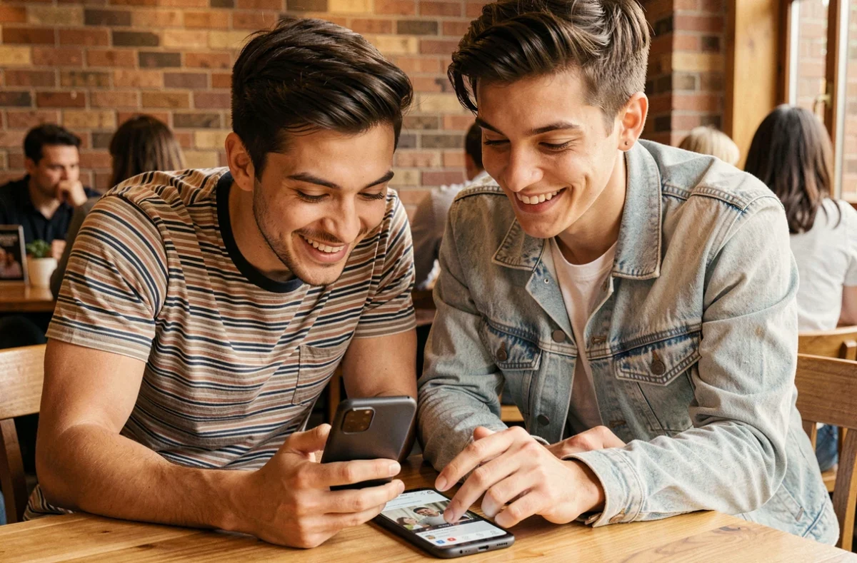 Deux amis regardant des vidéos sur un Samsung Galaxy dans un café cosy, illustration du meilleur Samsung qualité-prix pour les réseaux sociaux