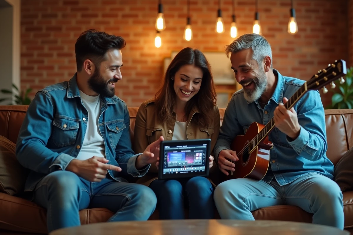 Groupe d'amis partageant une session de radio rock web dans un loft industriel moderne