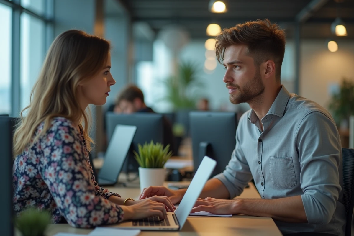 Homme amoureux transi au bureau jetant un regard discret et admiratif vers une collègue concentrée sur son ordinateur portable dans un open space moderne