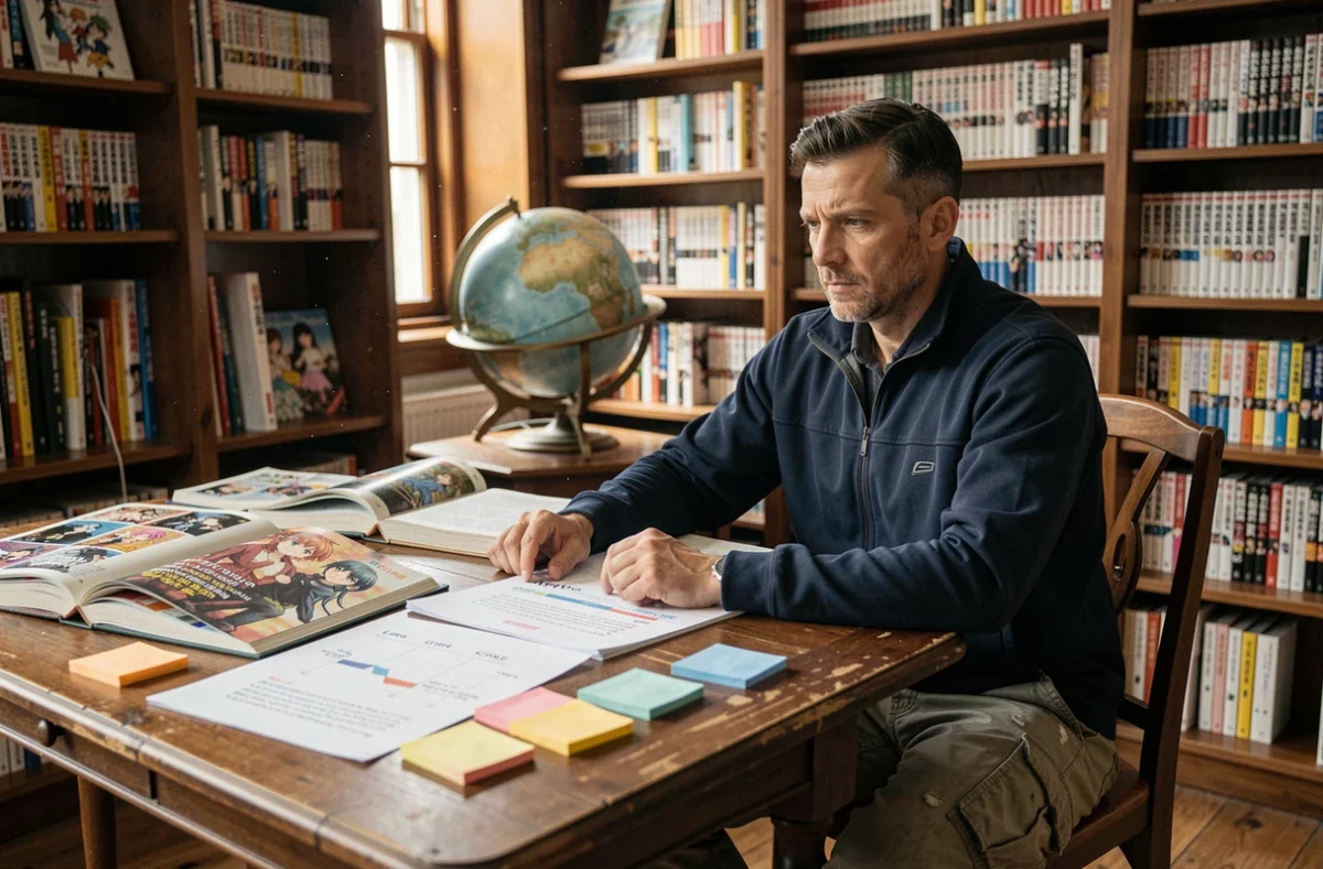 Homme studieux analysant une chronologie détaillée des âges de Dragon Ball dans une bibliothèque remplie de mangas