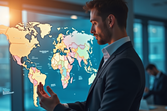 Un professionnel confiant analyse une carte du monde avec marchés émergents en évidence