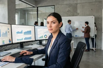 Analyste data femme travaillant sur une plateforme analytique modernisée avec tableaux de bord numériques en entreprise