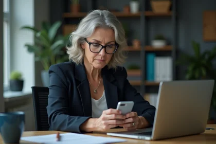 Femme consultant un annuaire inversé sur smartphone et ordinateur portable au bureau à domicile