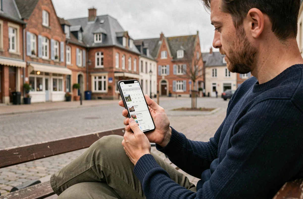 Homme consultant une application mobile pour trouver les prochaines braderies du Nord-59 assis dans une place de ville flamande