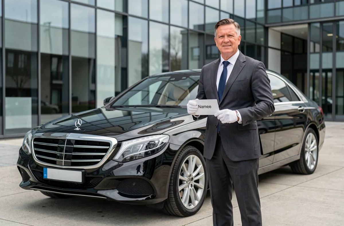 Un chauffeur en costume sombre tenant un panneau devant une berline noire de luxe garée devant un immeuble d'affaires strasbourgeois, illustrant ARM VTC Strasbourg et son service haut de gamme pour professionnels