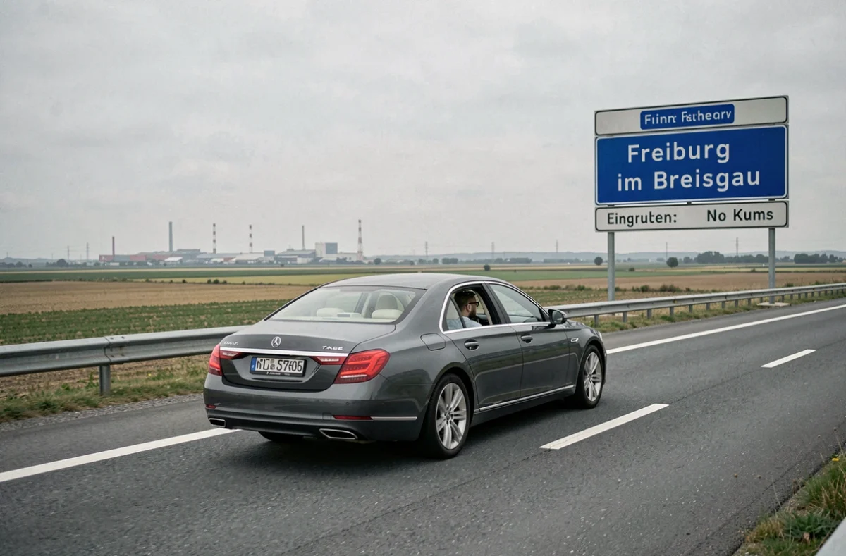 Une berline grise sur une autoroute proche de la frontière franco-allemande passant devant un panneau bilingue, illustrant les transferts longue distance et transfrontaliers d'Arosa Transport