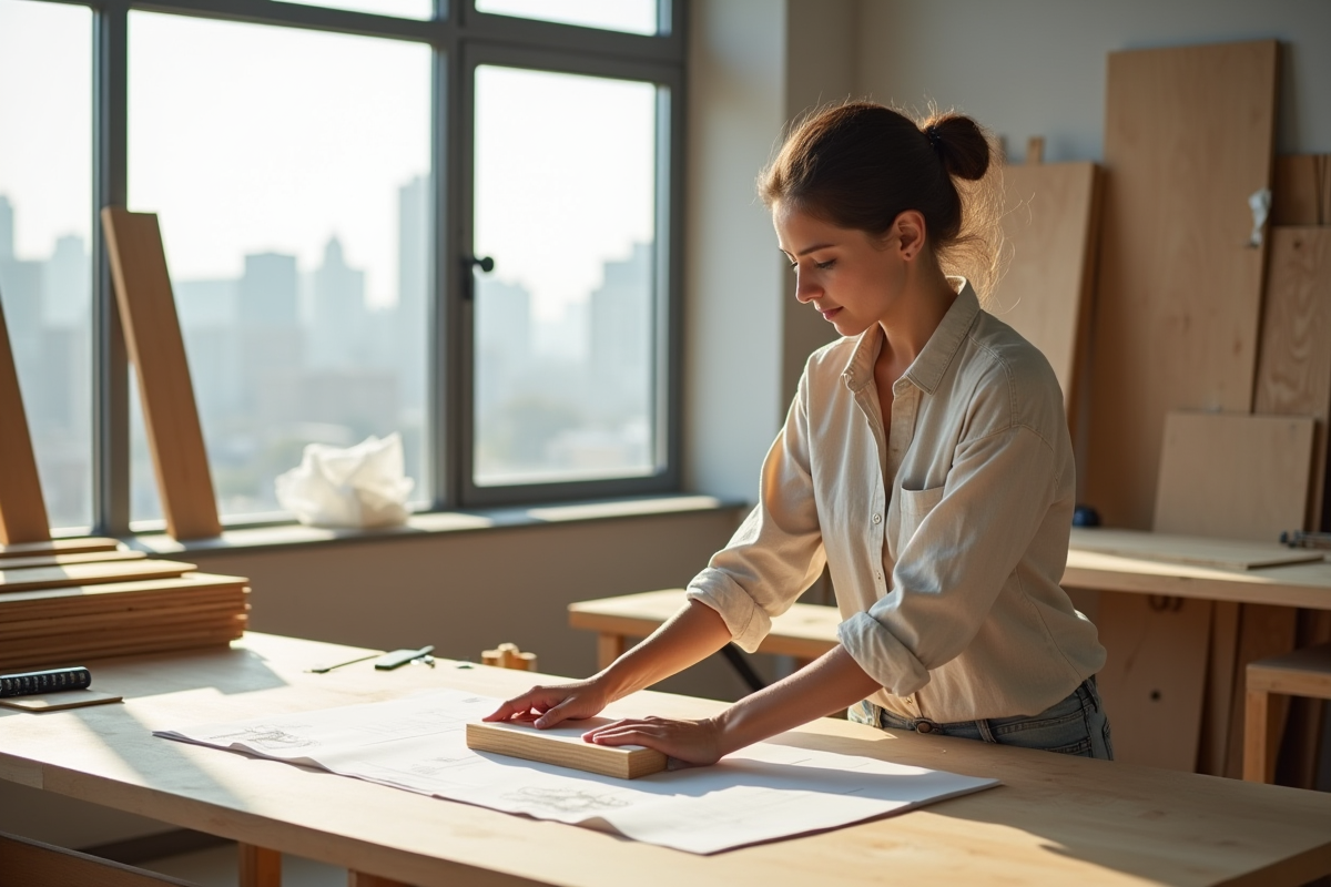 Jeune artisane inspectant une étagère en bois dans un atelier lumineux