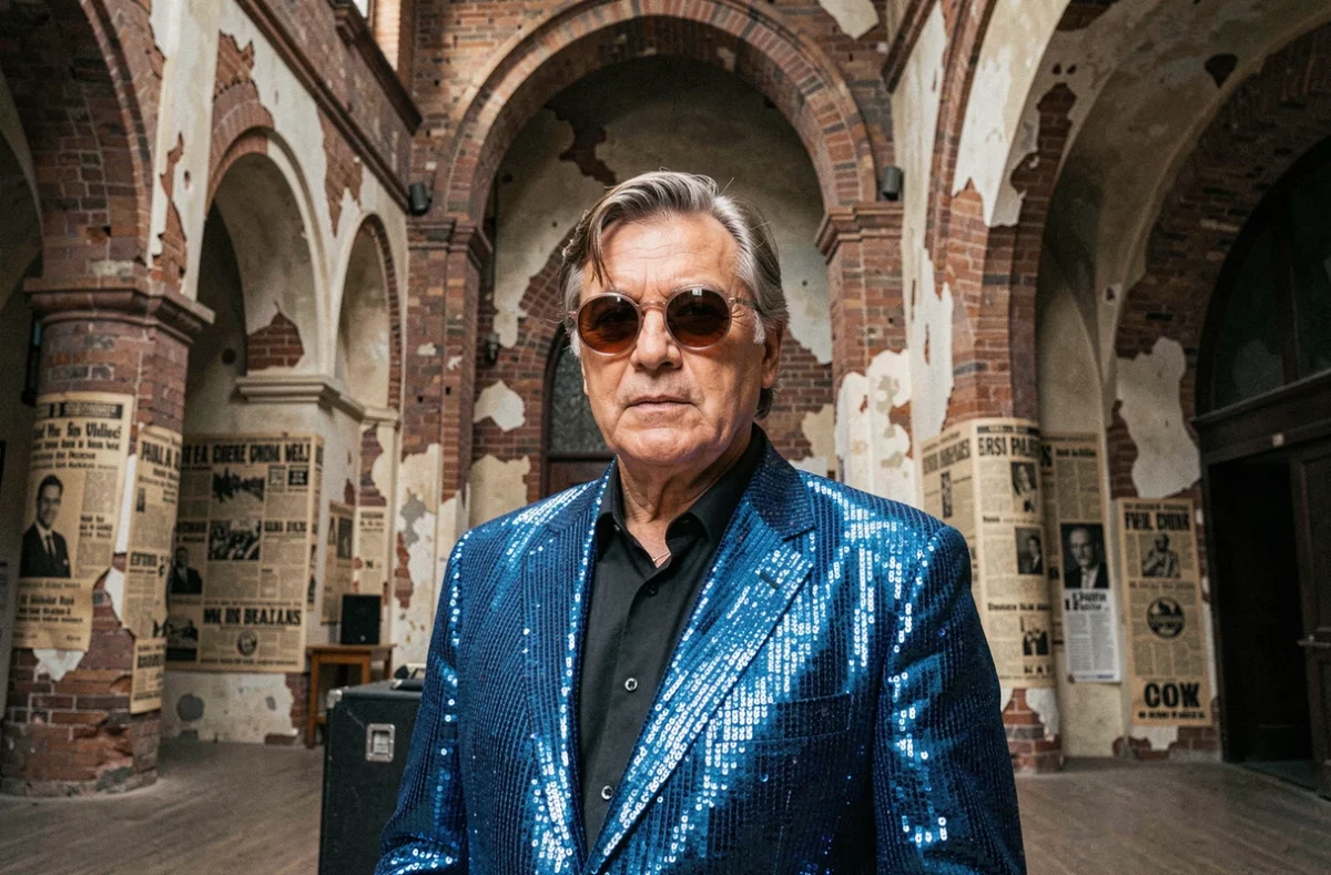 Artiste flamboyant des années 70 avec lunettes rondes teintées et veste à sequins bleus dans les coulisses d'une salle de concert historique