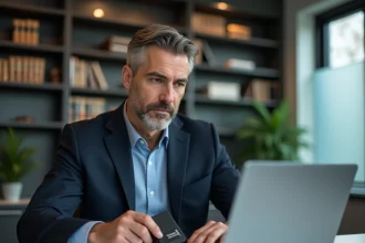 Avocat activant son accès e-dentitas sur un portail juridique belge depuis son bureau professionnel