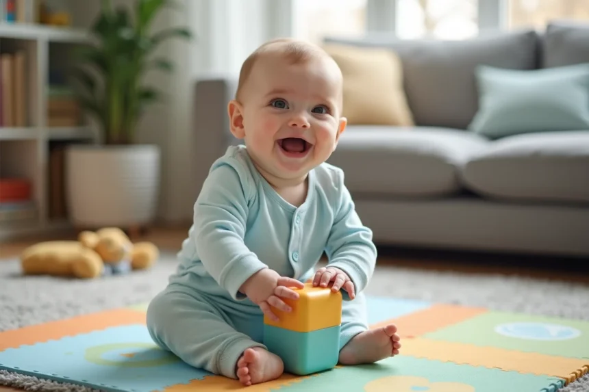 Bébé garçon en body bleu joue sur un tapis coloré