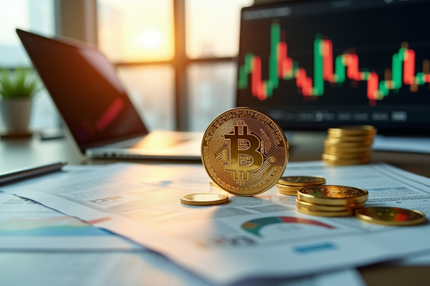 Bitcoin en or brillant sur des journaux financiers