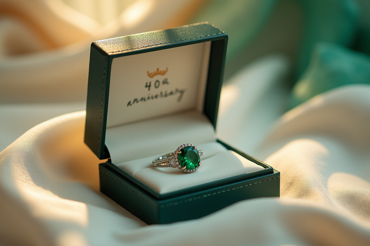 Boite de bijoux emerald cadeau anniversaire 40 ans sur tissu creme
