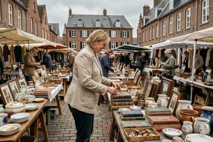 Femme explorant une braderie du Nord avec des tables remplies d'objets vintage dans une rue pavée aux façades en briques flamandes