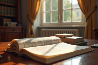 Bureau juridique français avec livres de droit ouverts et Article 1242