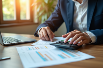 Jeune professionnel calculant revenus locatifs au bureau