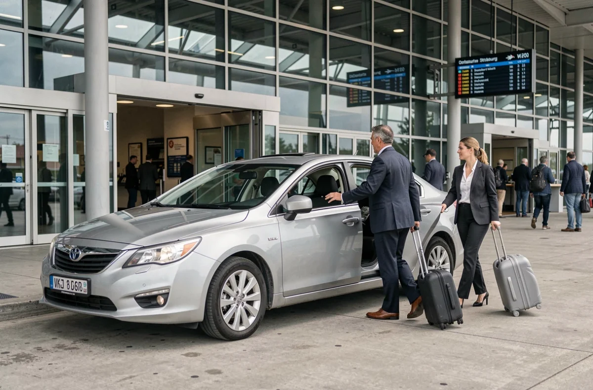 Un chauffeur de taxi ouvrant la portière d'une berline argentée devant le terminal de l'aéroport de Strasbourg, illustrant le service spécialisé aéroport et gare de Central Taxi 67