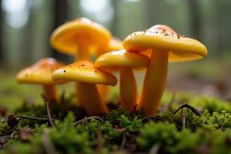 Champignons chanterelle jaunes sur sol forestier en lumière douce