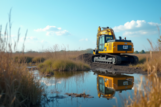 Chantier de construction en zone naturelle sensible avec machinerie moderne