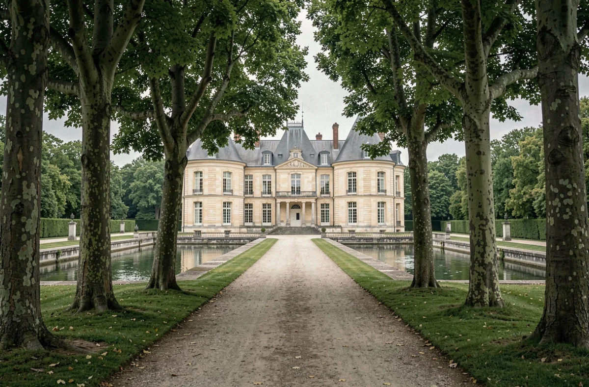 Allée de platanes menant au Château de Courances, cadre romantique et verdoyant pour événements en Essonne