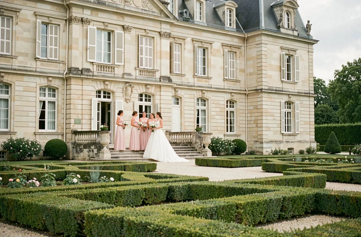 Château de Santeny en Val-de-Marne avec cortège de mariage sur les marches et jardin à la française
