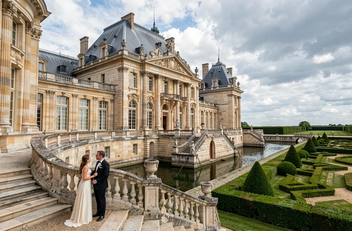 Façade baroque du Château de Vaux-le-Vicomte avec ses jardins à la française et son douves emblématiques