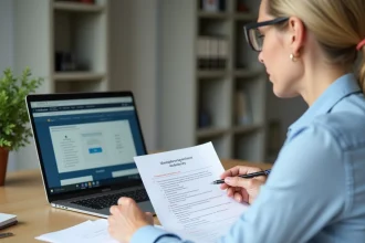 Femme consultant une checklist administrative avant de soumettre une demande de titre en ligne sur un portail gouvernemental