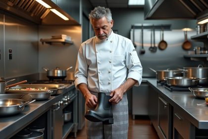 Chef en cuisine professionnelle ajustant ses bottes noires