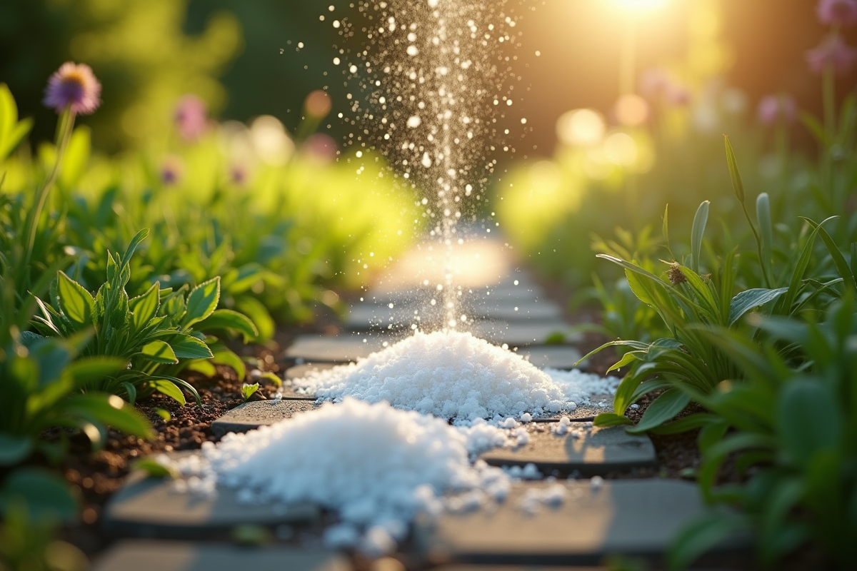 Chemin de jardin avec mauvaises herbes traitées au vinaigre blanc