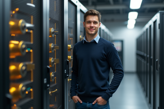 Jeune scientifique homme devant un ordinateur quantique moderne