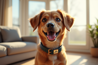 Jeune chien marron au collier gravé dans un salon lumineux