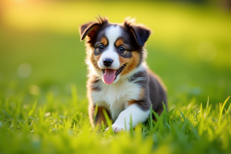 Chiot Australian Shepherd tricolore jouant dans un champ vert