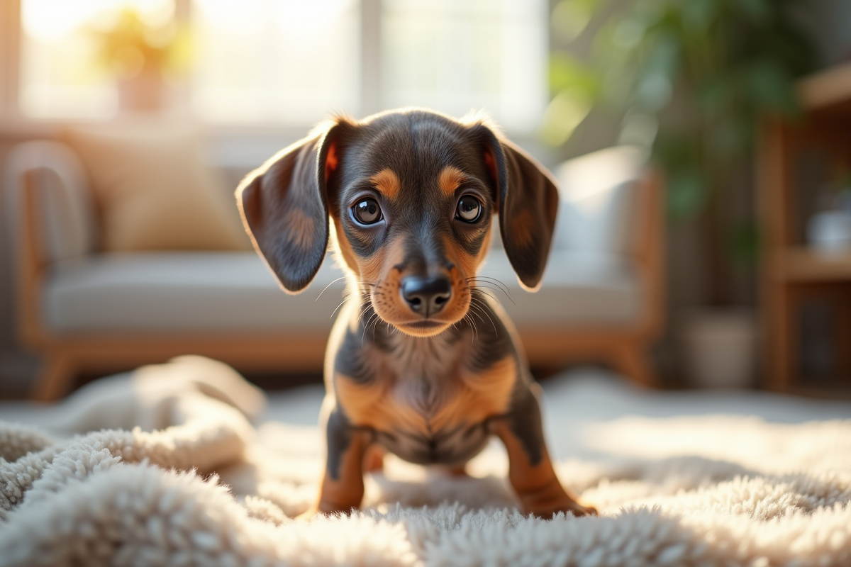 Chiot merle dachshund dans un salon en lumière naturelle