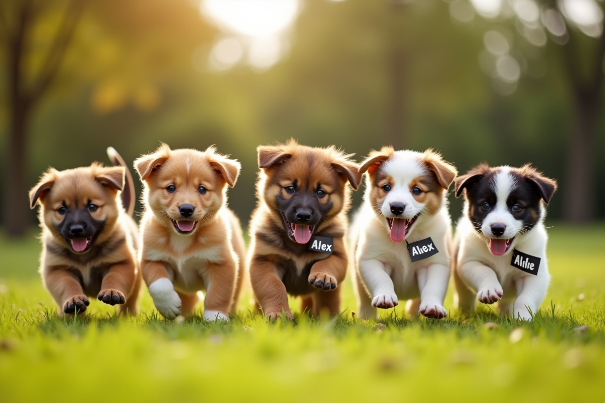 Groupe de chiots joueurs avec noms commençant par A dans un parc ensoleille