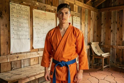Jeune homme en gi orange devant une chronologie de tournois affichée dans un dojo traditionnel en bois