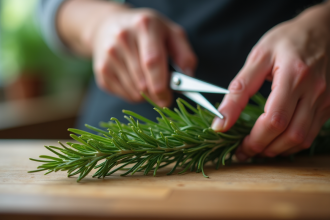 Mains coupant un brin de romarin frais sur une table en bois