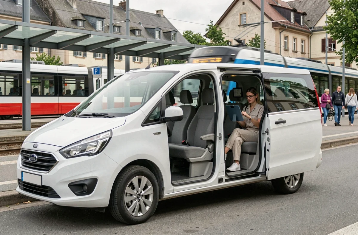 Un minivan blanc aux portes ouvertes garé près d'une station de tram à Strasbourg, avec une conductrice consultant une tablette, représentant le service de navettes sur mesure Clic-VTC