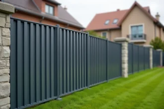 Clôture en barreaux aluminium anthracite installée entre des piliers en pierre dans un jardin résidentiel moderne