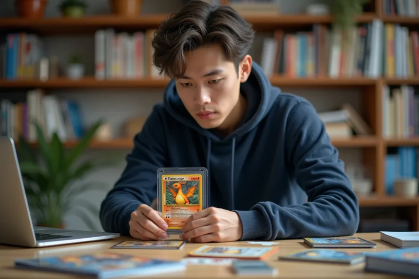 Jeune homme collectionneur tenant une carte Charizard rare